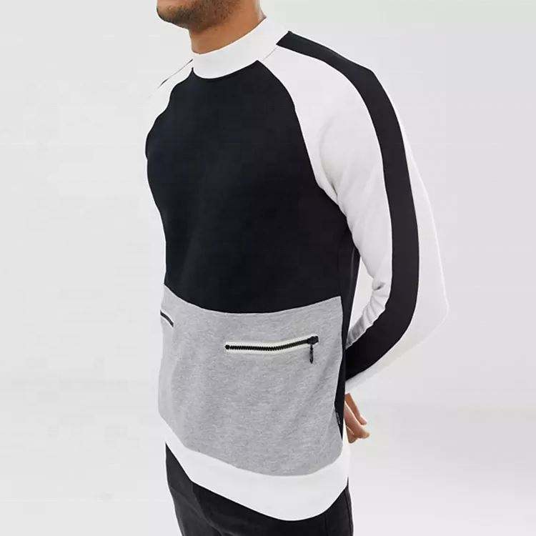 OEM Manufacturer Custom Cotton Men's Coats Color Block High Crewneck Sweatshirt With Zip Pocket Front