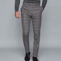 High Quality 100% Wool Mens Gray Plaid Zip Fastening Pants