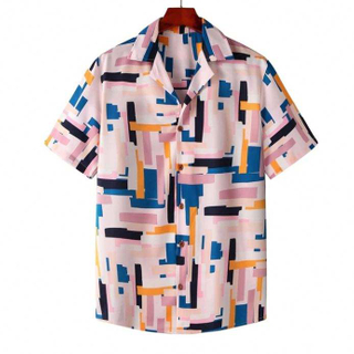Camisas de hombre con estampado Geo de manga corta de verano, venta al por mayor personalizada de fábrica, fabricante OEM