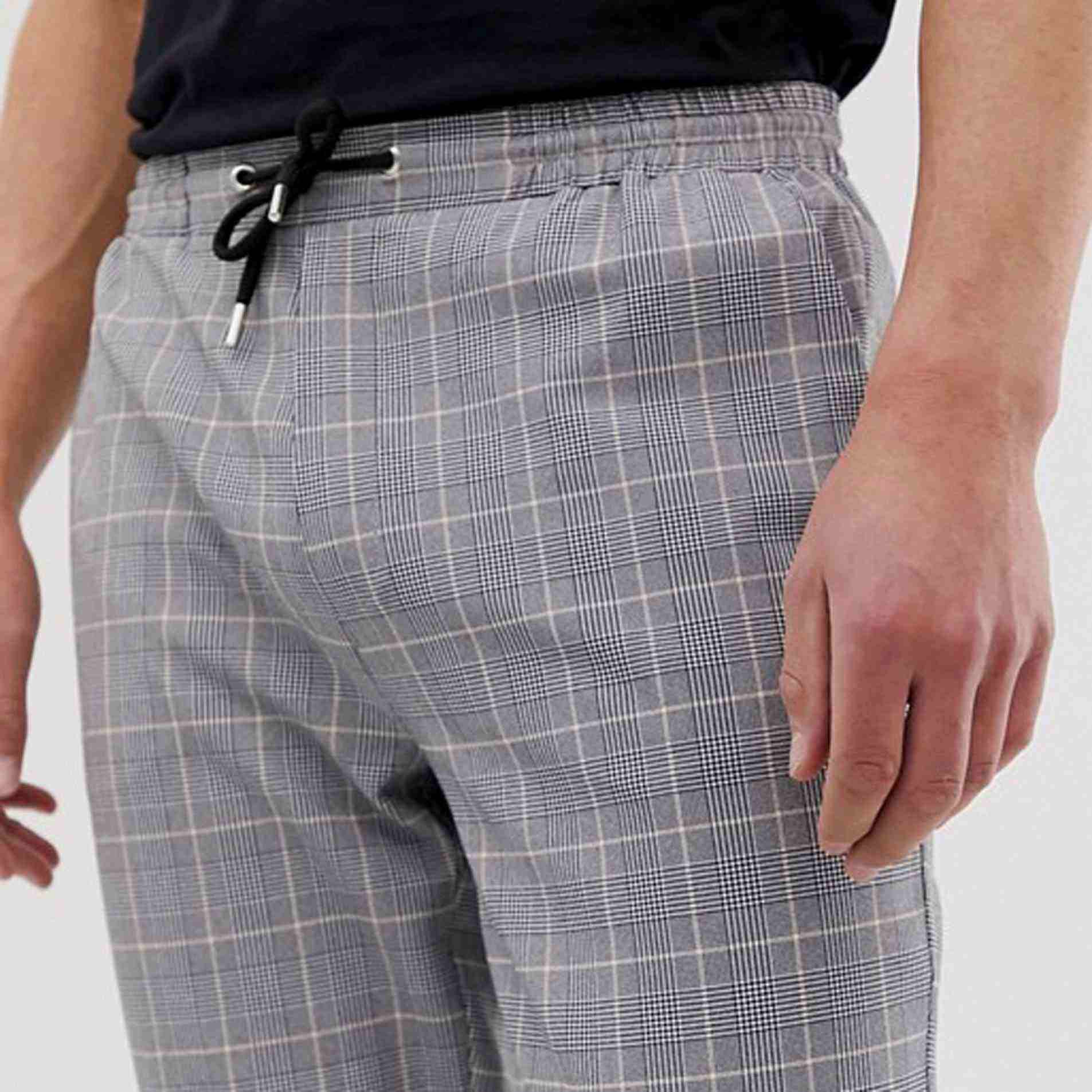 Men Fashion Woven Grey Plaid Check Cropped Trousers Pants