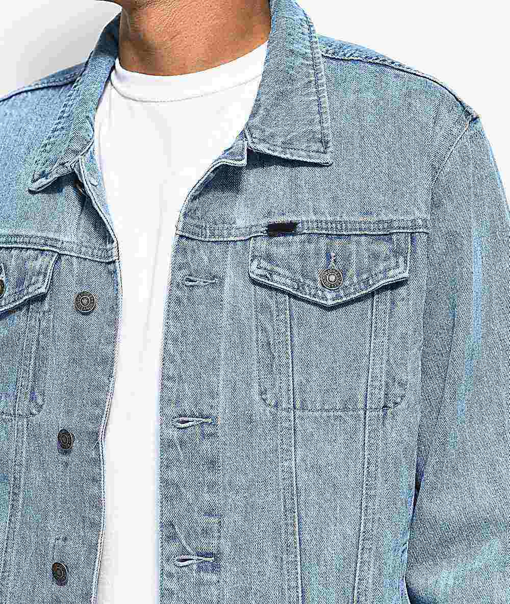 Oem Manufacturer Custom Mens Light Blue Graphic Printed Back Denim Cotton Classic Jean Jacket