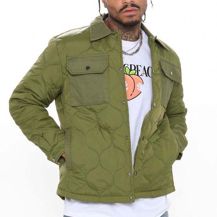 Wholesale Men Jackets Winter Snap Button Closure Front Army Green Men's Quilted Jackets