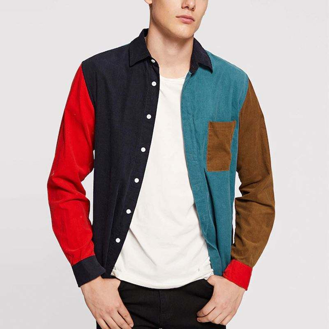 OEM Manufacturer Wholesale Long Sleeve Shirts Men Single Pocket Color Block Corduroy Shirt