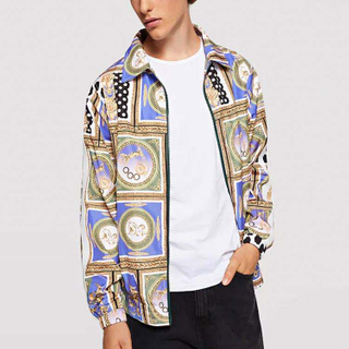 Men's Fashion New Design Zip Up Patchwork Jacket 100%Polyester Allover Print Coat For Men