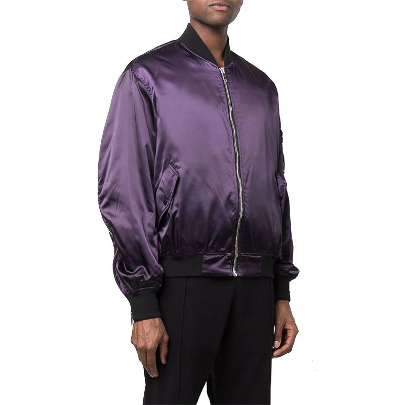 OEM Manufacturer Custom Men High Quality Fashion Windbreaker Long Sleeve Stand Collar Zipper Purple Satin Nylon Bomber Jacket