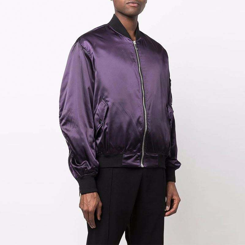 OEM Manufacturer Custom Men High Quality Fashion Windbreaker Long Sleeve Stand Collar Zipper Purple Satin Nylon Bomber Jacket