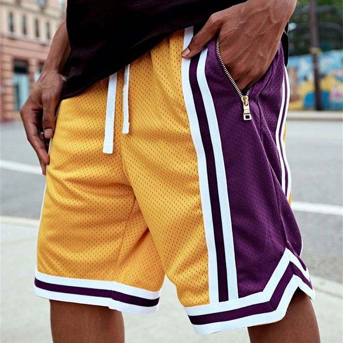 High Quality Oem Sportswear Basketball Shorts Custom Color Block Striped Trim Detail Mens Mesh Shorts With Zip Pocket