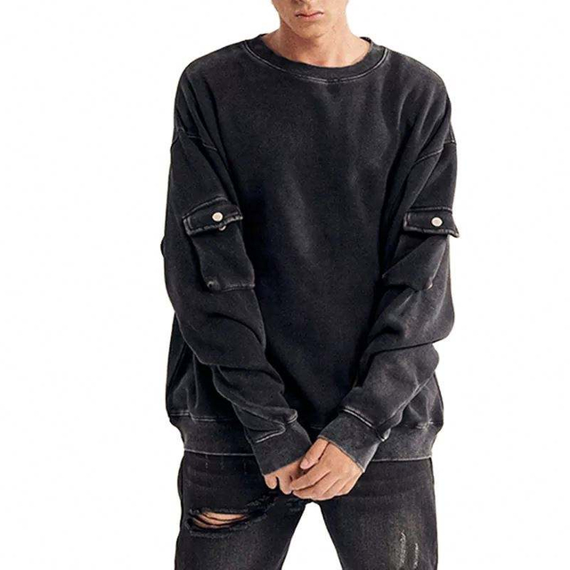 OEM Manufacturer Custom Pocket Sleeve High Quality Heavyweight 100% Cotton Crewneck Wash Vintage Sweatshirt Men's Clothing