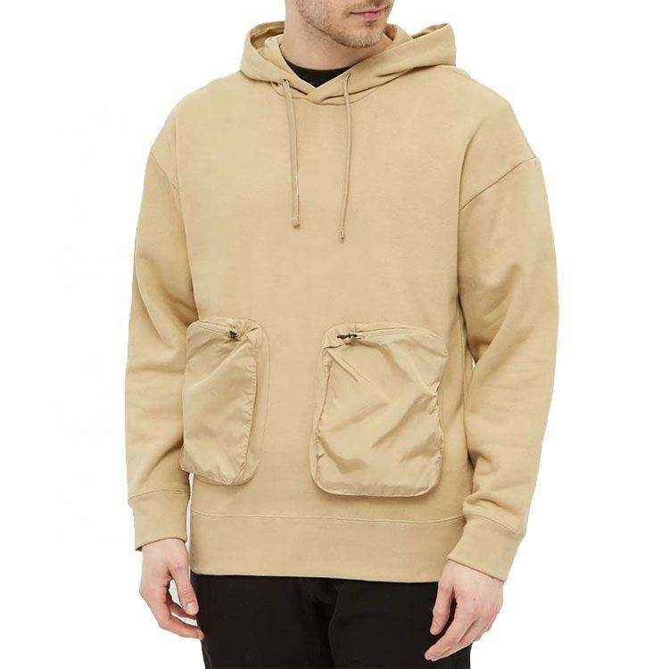 OEM Manufacturer Custom Fashion Men 100% Cotton French Terry Hoodie With 3D Cargo Pockets Double Layer Hood