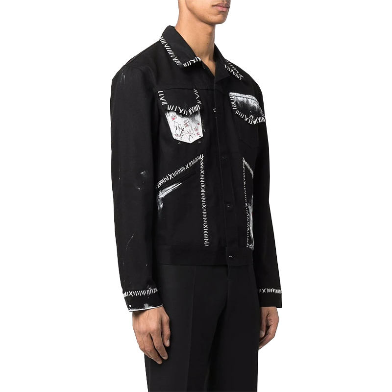 Oem Manufacturer Men New Style Black Bomber Fashion Single-Breasted Graphic Print Long Sleeve Denim Jacket