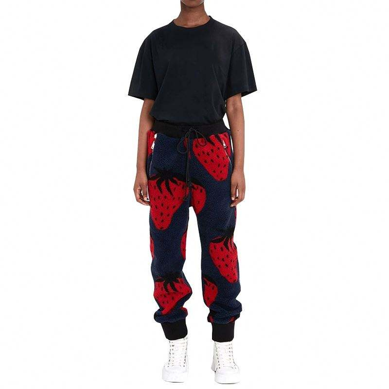 OEM Manufacturer Custom Men Casual Pants Elastic Waist Drawstring Ribbed Cuffs Black Strawberry Print Fleece Sweatpants