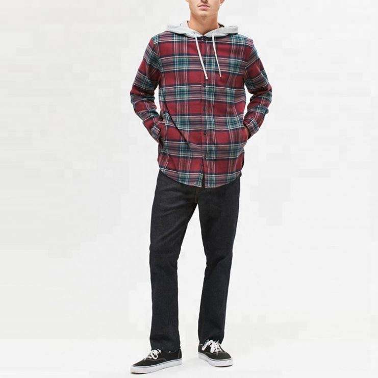 OEM Manufacturer Red Plaid Flannel Hooded Shirt Men