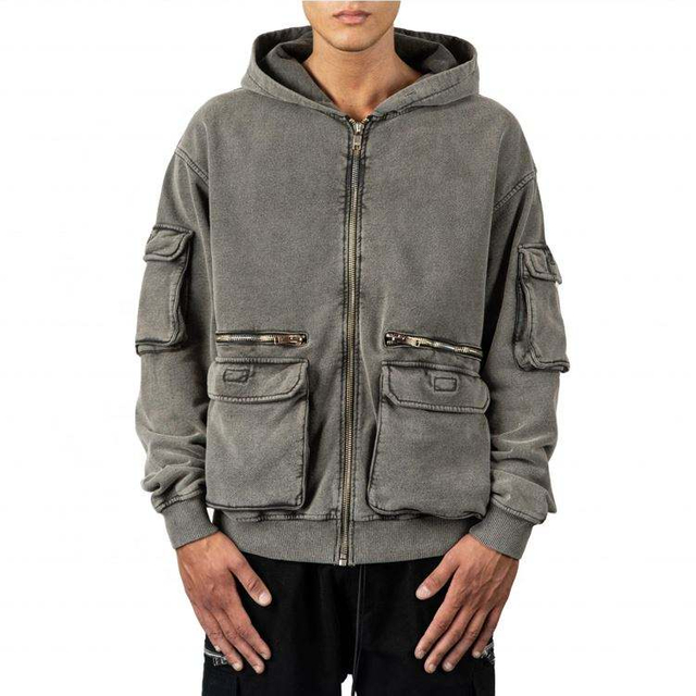 OEM Manufacturer Mens Hooded Sweatshirt 3D Pocket Heavyweight Cotton Washed Zipper Hoodie Wholesale