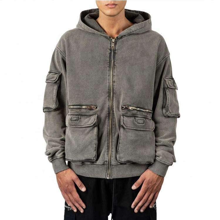 OEM Manufacturer Mens Hooded Sweatshirt 3D Pocket Heavyweight Cotton Washed Zipper Hoodie Wholesale