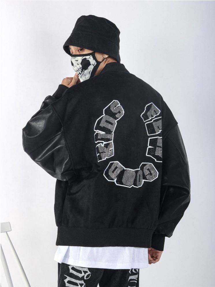 Oem Manufacturer Custom Logo Hot Rhinestone Leather Vibe Style Baseball Uniform Men's Jacket