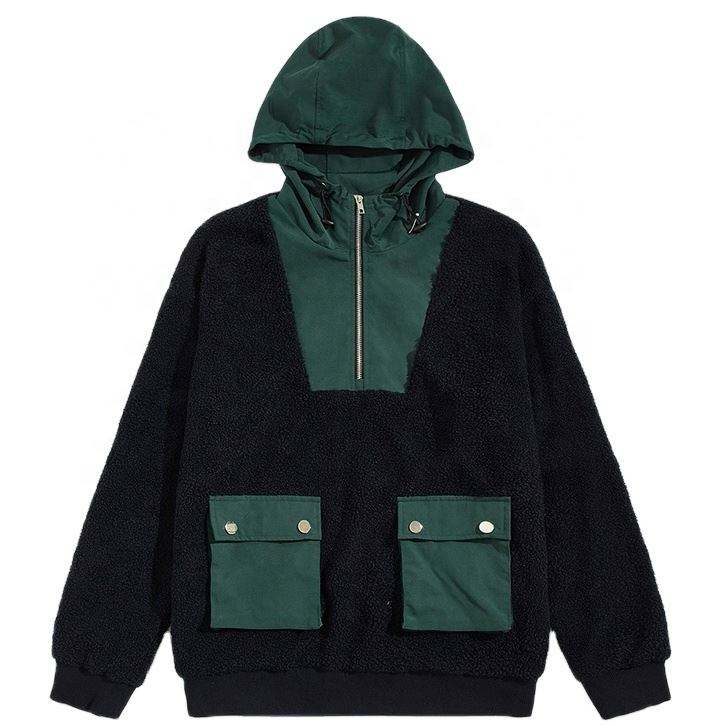 OEM Manufacturer Custom Men's Clothing Fleece Cotton Half Zipper Patchwork Hoodies Pullover Sweatshirt With Big Cargo Pockets