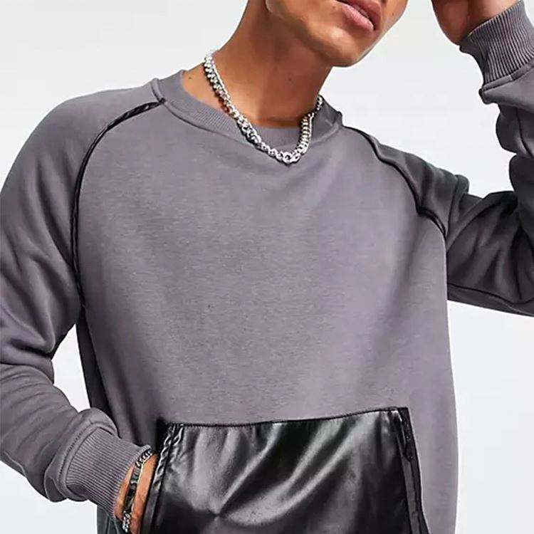 OEM Manufacturer Custom New Fashion Men Contrast Pu Leather Pocket Oversized Fleece Cotton Sweatshirts Pullover