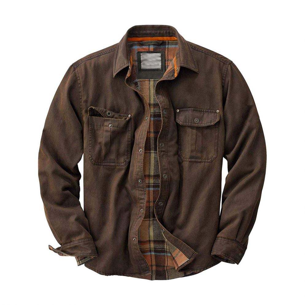 Men's Flannel Lined Rugged Suede Leather Shirt Jacket With Snaps