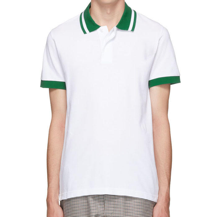 Custom Logo Design Mens Vintage Style Plain White Polo Shirt With Green Collar And Rib Cuffs
