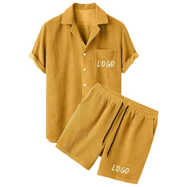 Custom Mens Corduroy Shirts Shorts Set Two Piece Shirt Shorts Tracksuit