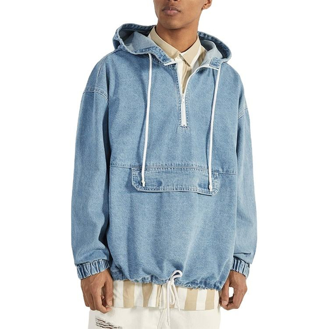 Aangepaste lichtblauw Denim zakje Pocket Oversized pullover jas Men Hoodie