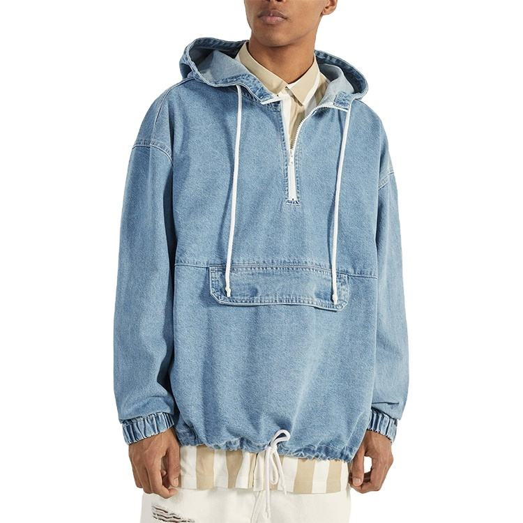 Custom Light Blue Denim Pouch Pocket Oversized Pullover Jacket Men Hoodie