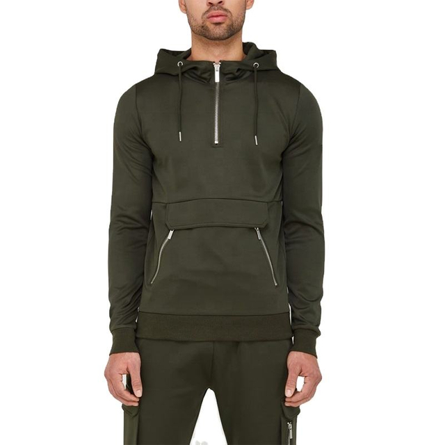 Men Custom Tracksuit Zipper Kangaroo Pocket Cargo Hoodie