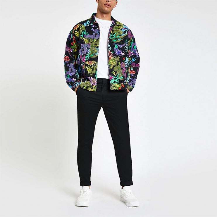 Hot Salg Custom Jakke Menn Dragon Pattern Printing Patch Lommer Knapper Front Høykvalitets Bomber Jacket