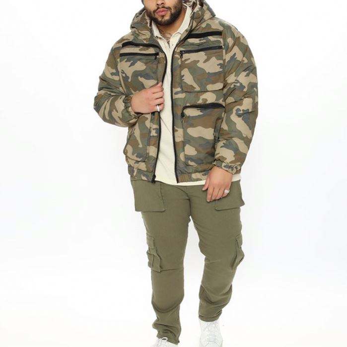 Heavyweight Thick Men Winter Jackets Camo Printed Utility Pockets Mens Satin Lined Hooded Plus Size Jackets