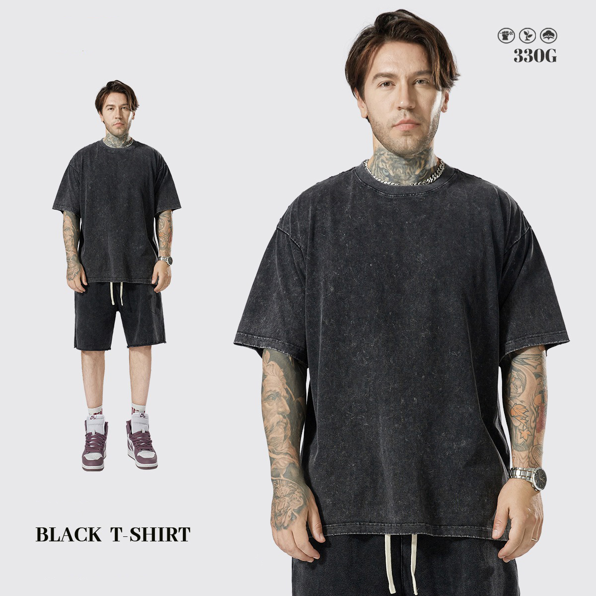 330 Gsm 100% Cotton Streetwear Blank Drop Shoulder Vintage Washed Heavyweight Plus Size Oversized Custom Men's T-shirts