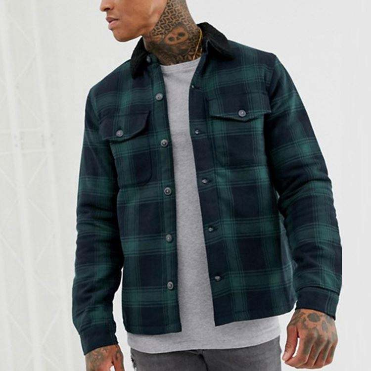 OEM Manufacturer Shirt For Men Fleece Collar Padded Lining Overshirt In Green Check
