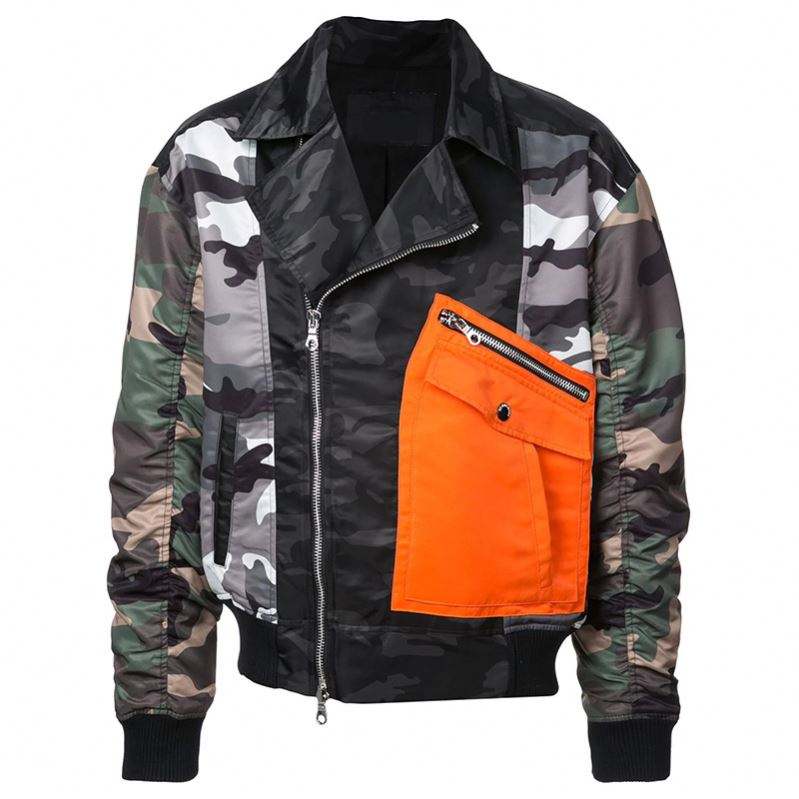 OEM Manufacturer Custom Men's Coat High Quality Long Sleeve Turn-Down Collar Zipper Patchwork Sport Camouflage Jacket