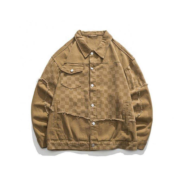 OEM Manufacturer New Custom Logo Patchwork Denim Plaid Lapel Vintage Casual Top Jacket