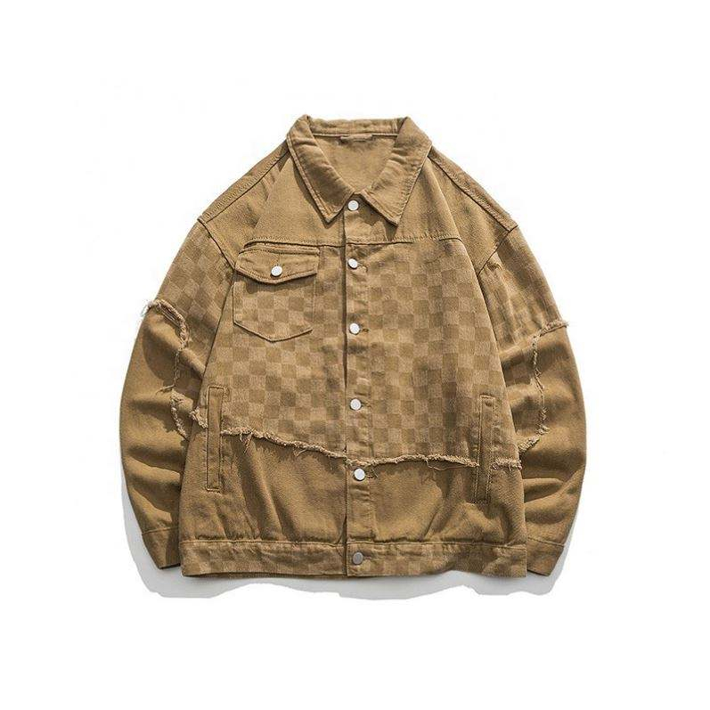 OEM Manufacturer New Custom Logo Patchwork Denim Plaid Lapel Vintage Casual Top Jacket