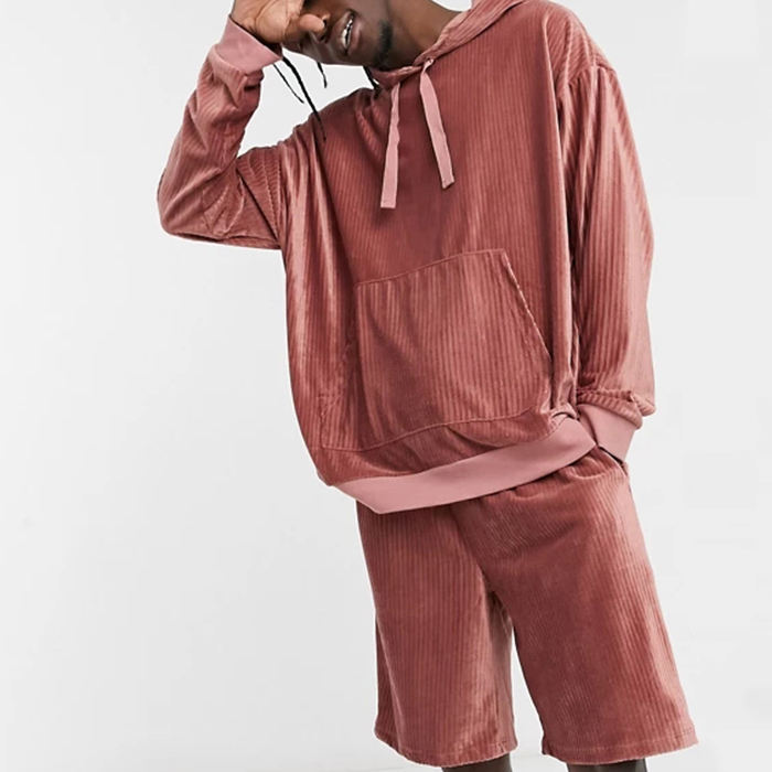 Custom Wholesale Tracksuits Pullover Sweatshirt Elastic Shorts Sets Ribbed Velour Plain Men Tracksuit Set