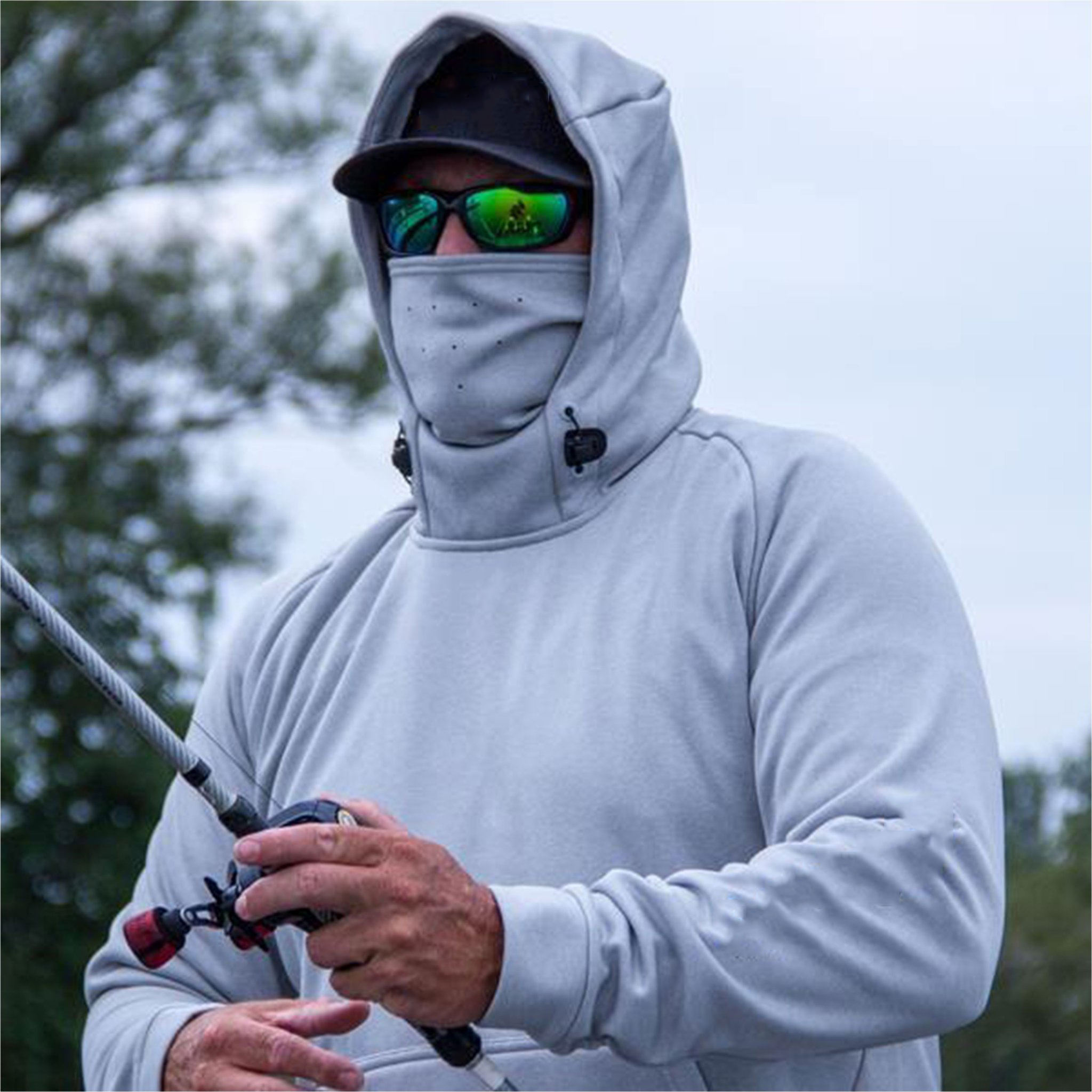 OEM ထုတ်လုပ်သူ စိတ်ကြိုက်လိုဂို 100% Poly Bonded Microfleece နည်းပညာပိုင်းဆိုင်ရာ Breathable မျက်နှာဖုံး Masked Men Fishing Hoodie