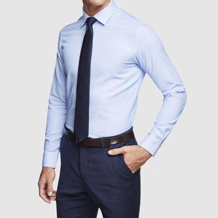 ຜູ້ຜະລິດ OEM ຄຸນະພາບສູງ 100% Cotton Slim Fit Blue Mens Dress Shirt