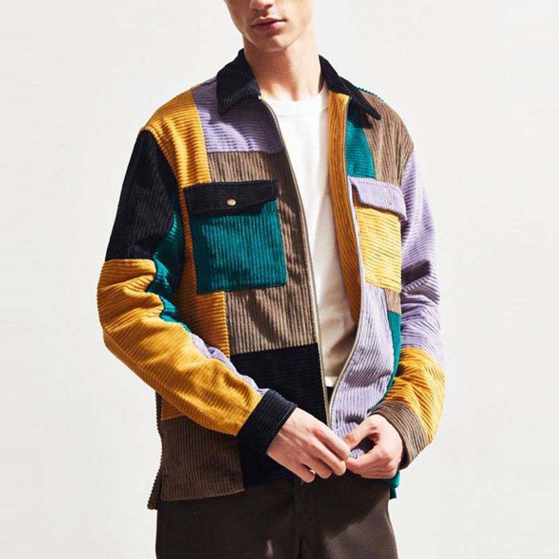 Hot Selling Windbreaker Jacket Mens Clothing Color Blocked Corduroy Zip Up Shirt Jackets
