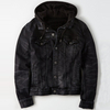 Men's Black Denim Jackets Drawstring Fleece Hood Button Up Jackets With Side Pockets