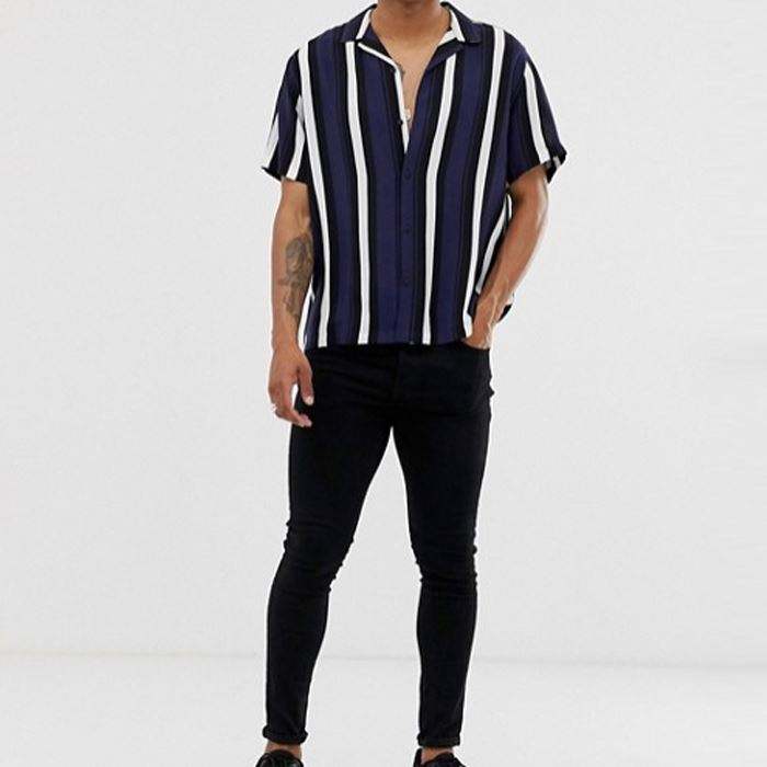 OEM Manufacturer High Quality Navy And White Vertical Stripe Short Sleeve Shirt O-Neck Polo Shirt For Men