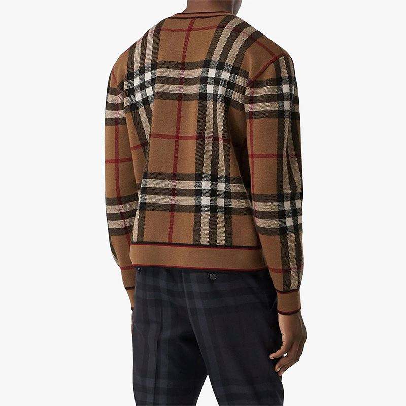 OEM Manufacturer Custom Fashion Sweatshirt High Quality Long Sleeve Crew Neck Brown Plaid Sweater For Men