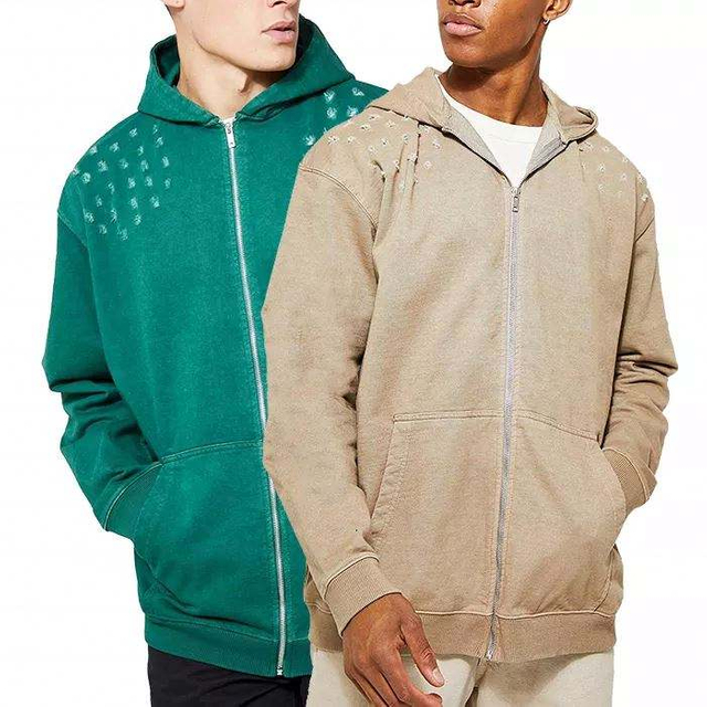 OEM Manufacturer Custom Heavyweight Plain Hoodie Mens Full Zip Vintage Wash Oversized Distressed Hoodie
