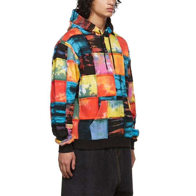 OEM Manufacturer Custom Men's Coats Terry Fabric Drawstring Hooded Patch Design Multicolor Patchwork Long Sleeve Hoodies