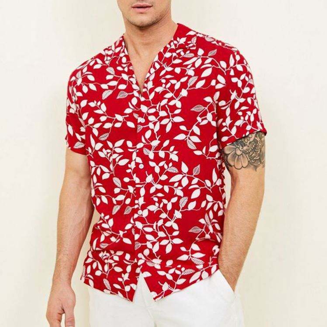 OEM Manufacturer Casual Hawaiian Red Leaf Print Short Sleeve Men Shirt