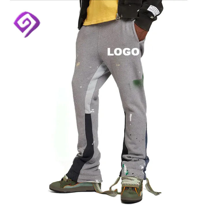 OEM Manufacturer Elastic Waist Patchwork Graffiti Joggers Custom Logo Stacked Men Sweat Pants Flare Sweatpants