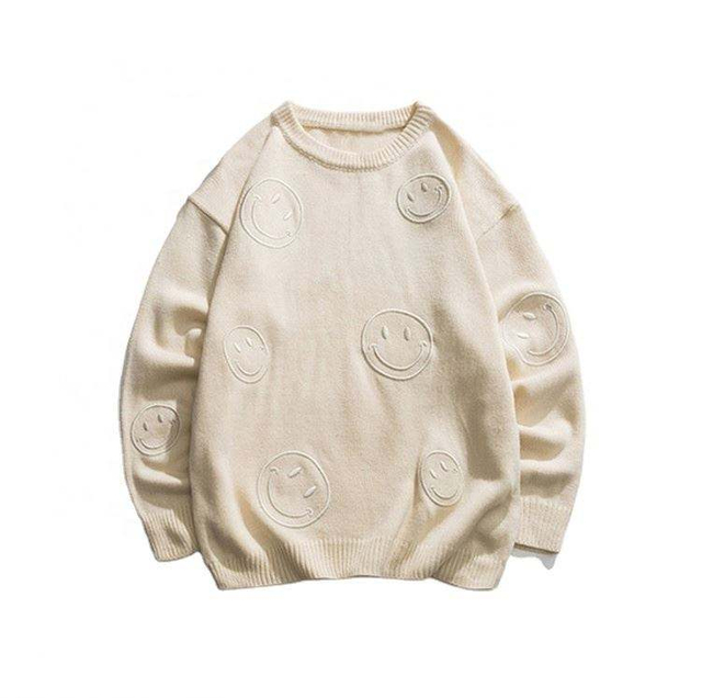 OEM -valmistaja räätälöity miesten pullover -villapaita yksivärinen hymiö kasvot brodeerattu pyöreä kaulapusero