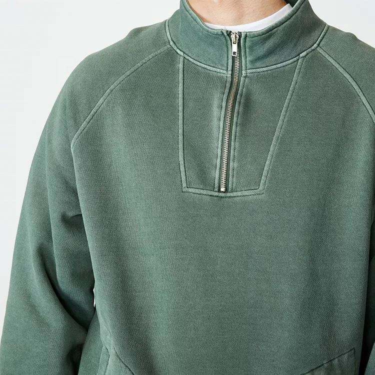 Sweat-shirt à col rond en molleton vert pour hommes, fabricant OEM de haute qualité, fermeture éclair quart de tour