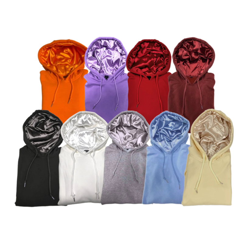 Oem ຄຸນະພາບສູງ Oversized Unisex Luxury Silk Plain Men Custom Satin Lined Hoodie With Satin Hood