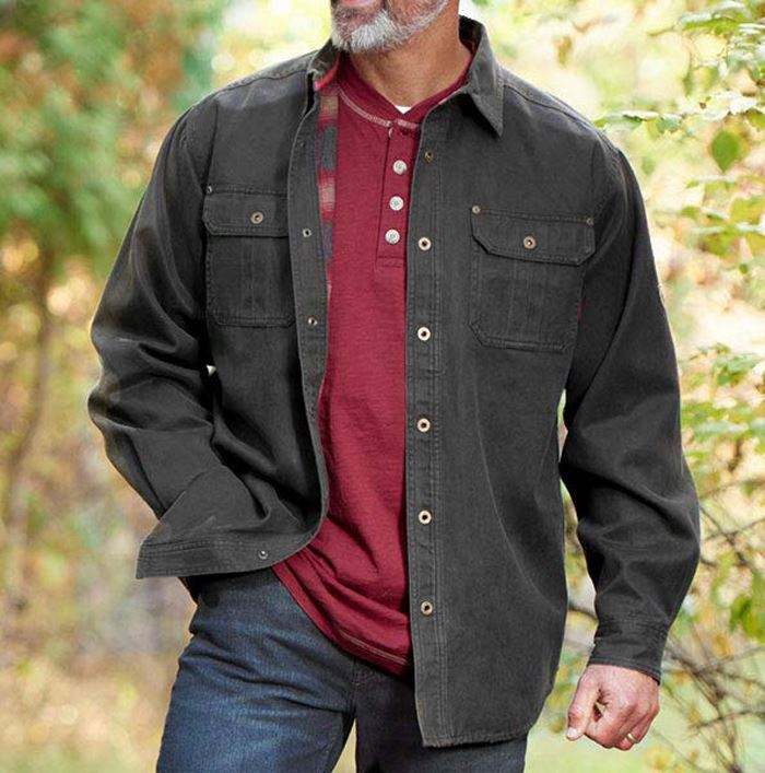 Men's Flannel Lined Rugged Suede Leather Shirt Jacket With Snaps
