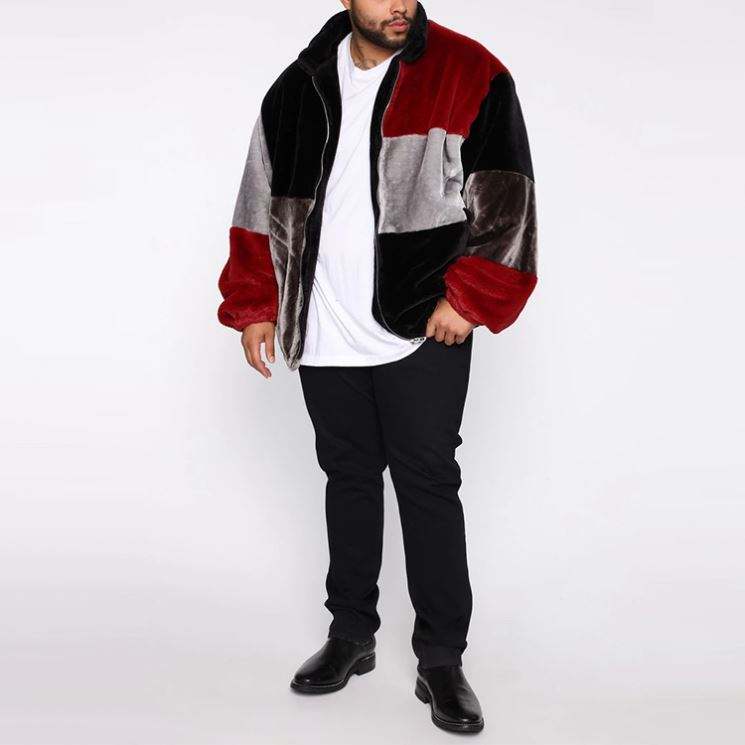 Colorblock Winter Jacket Men Long Sleeves Fur Oversized Plus Size Jacket Bomber